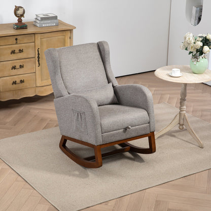 25.4'W Modern Rocking Chair for Nursery, Mid Century Accent Arm Rocker With Retractable Footrest, Side Pocket, Comfy Upholstered Wingback Wooden Glider Chair for Living Room Baby Kids Room. Taupe