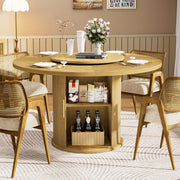 Fluent Trends 55" round natural wood dining table with 6 rattan chairs, built-in shelves & rotating tray