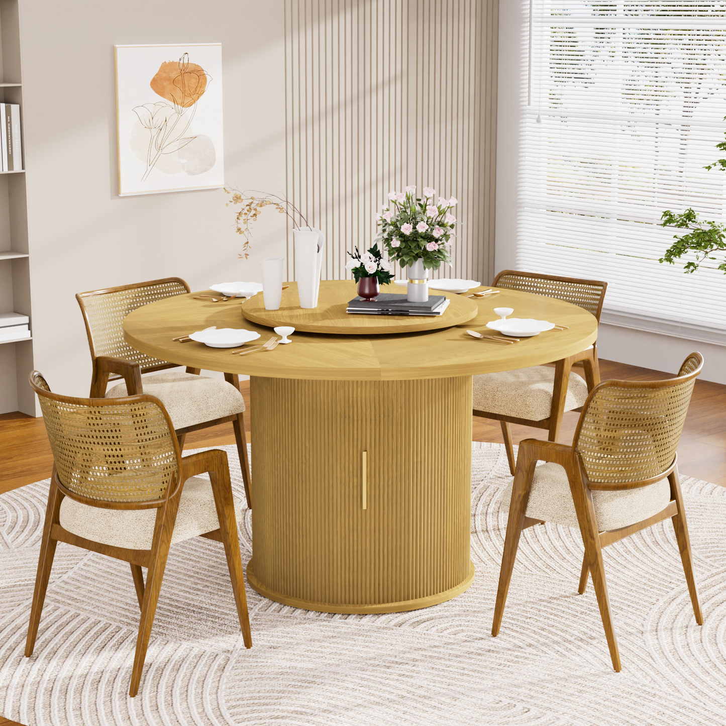 Fluent Trends 55" round natural wood dining table with 6 chairs, rotating tray, and storage in a bright room