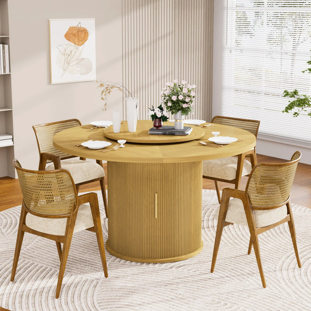 Fluent Trends 55" round natural wood dining table with 6 chairs, rotating tray, and storage in a bright room