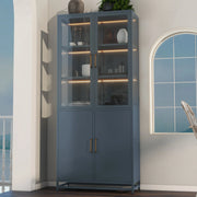 Modern Style 76.75'' Tall Steel Display Cabinet with Double Glass Doors, LED Lights, 3-Sided Glass for Collectibles - Dark Blue - Fluent Trends