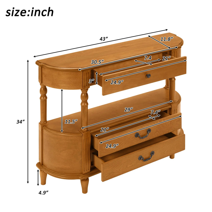 Retro Curved Wood Console Table with 3 Drawers, 43'' Entry Table with Storage Shelf, Sofa Table Behind Couch with Solid Wood Legs for Living Room Hallway, Brown - Fluent Trends