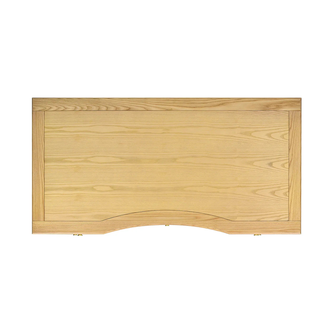 Overhead top view of an ash wood executive desk showing the expansive natural brown surface area and clean modern lines.