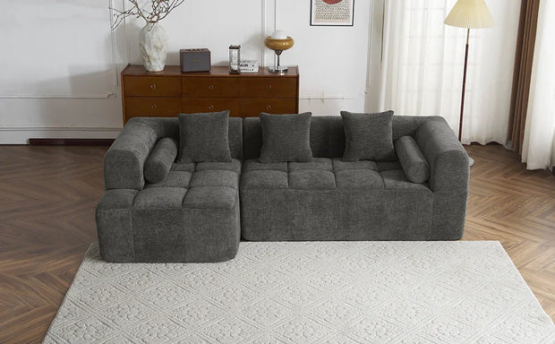 Modern Grey Modular Sectional Sofa with Deep Seating and Side Pockets in Chenille Fabric - Fluent Trends