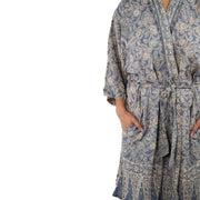 Hand Dyed Batik Robe Kimono, 100% Cotton, Gray, Silver Petals - Fluent Trends
