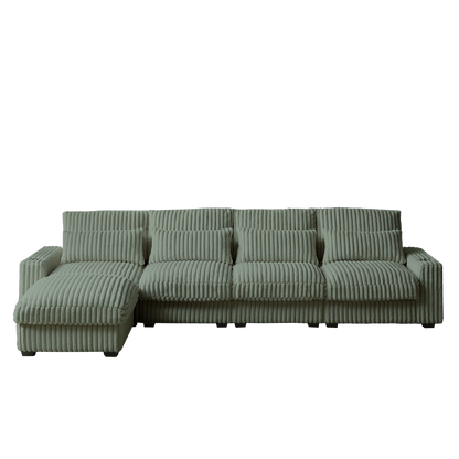 126-inch Corduroy With Cup Holder Super Large L-Shaped Sofa, Movable Footrest