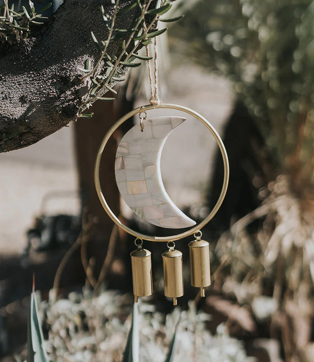 Chayana Large Moon Mother of Pearl Wind Chime - Fair Trade Decor - Fluent Trends