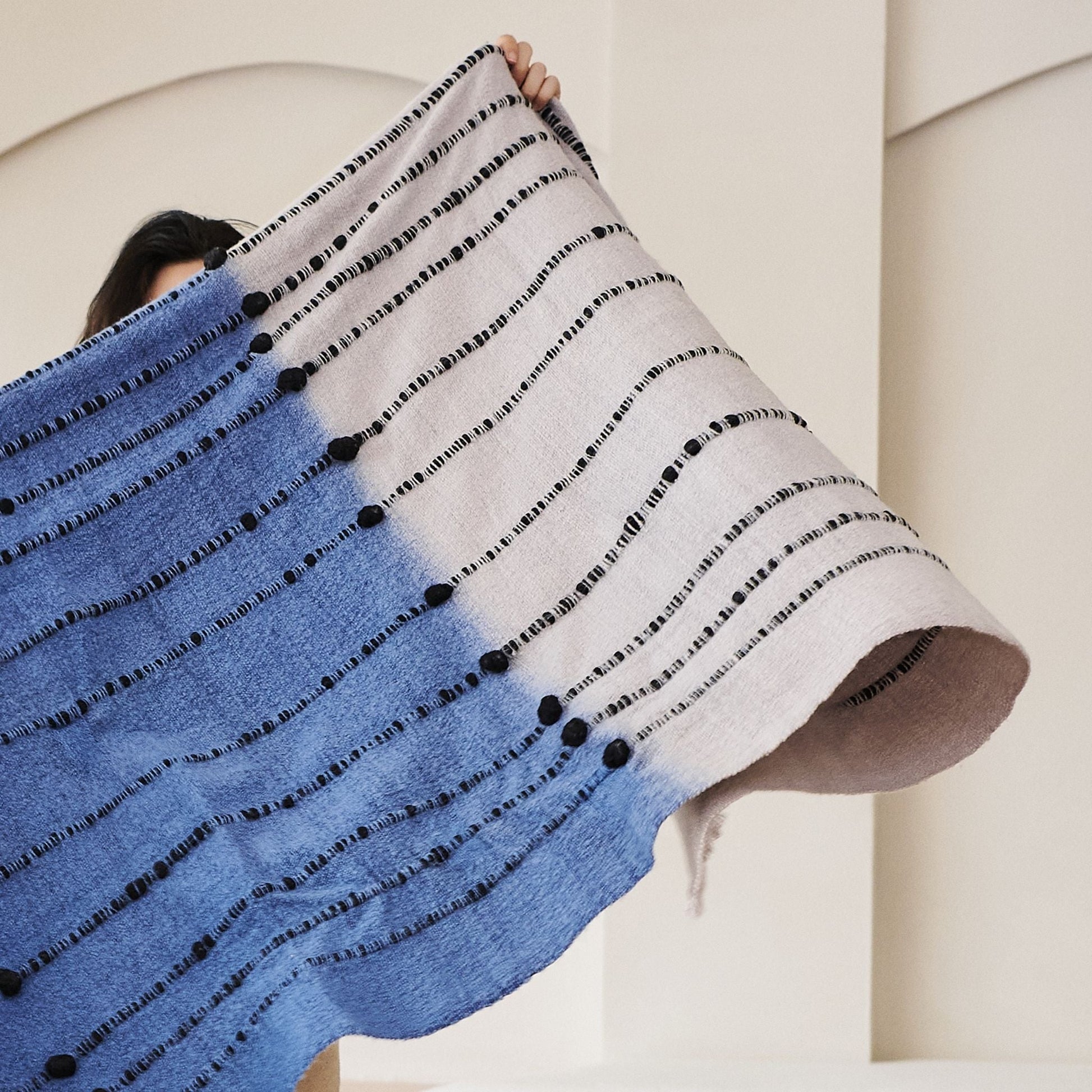 Mari Serene Blue Gray Calming Hues Hand Woven Hand Knotted Textured Merino Throw - Fluent Trends Throw Blankets