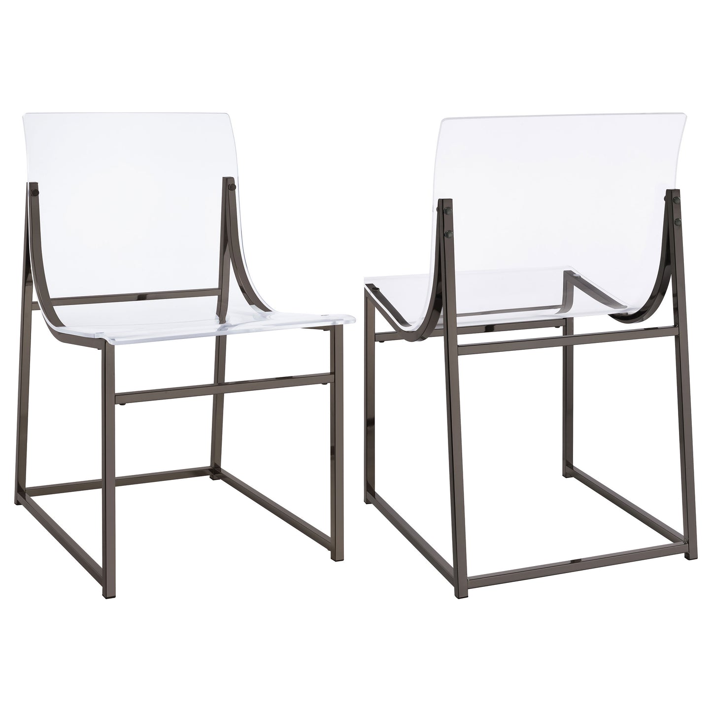 Pair of modern transparent acrylic chairs with metal frame and minimalist design