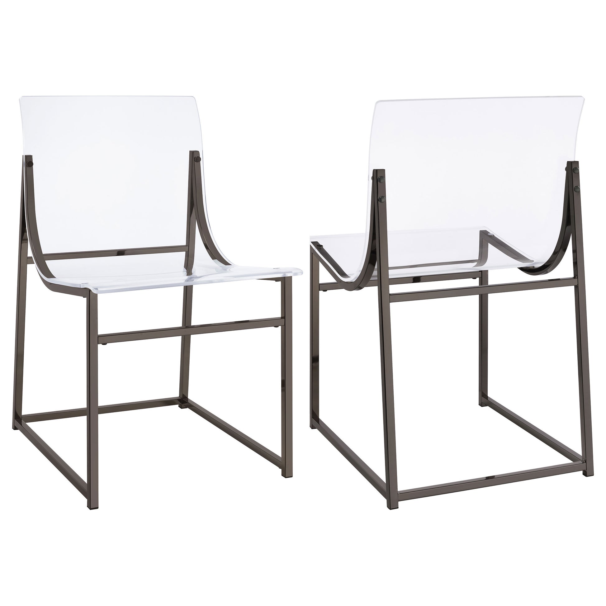 Pair of modern transparent acrylic chairs with metal frame and minimalist design