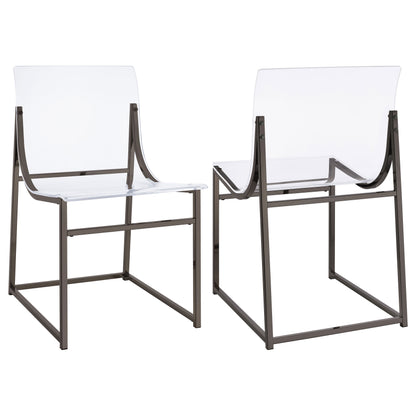 Pair of modern transparent acrylic chairs with metal frame and minimalist design