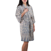 Hand Dyed Batik Robe Kimono, 100% Cotton, Gray, Silver Petals - Fluent Trends