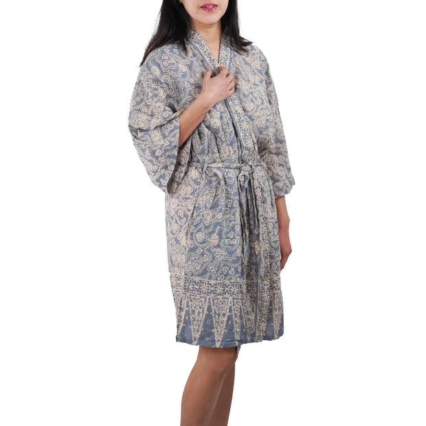 Hand Dyed Batik Robe Kimono, 100% Cotton, Gray, Silver Petals - Fluent Trends