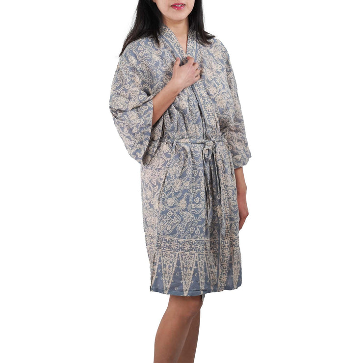 Hand Dyed Batik Robe Kimono, 100% Cotton, Gray, Silver Petals - Fluent Trends