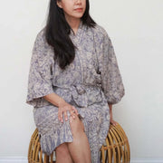 Hand Dyed Batik Robe Kimono, 100% Cotton, Gray, Silver Petals - Fluent Trends
