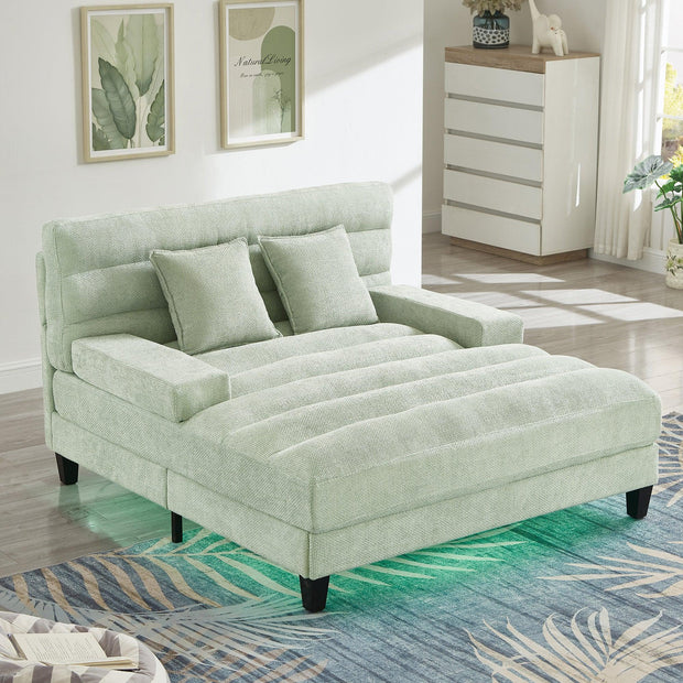 Green Chenille Chaise Lounge Sofa Bed with Adjustable Back & Smart RGB LED Lights - Fluent Trends