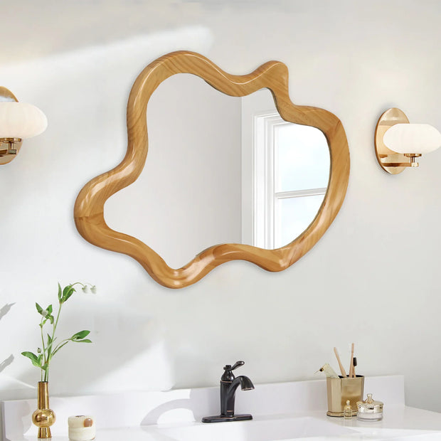 Irregular Wall Mirror with Natural Wood Frame - 33.46" x 22.24" - Fluent Trends