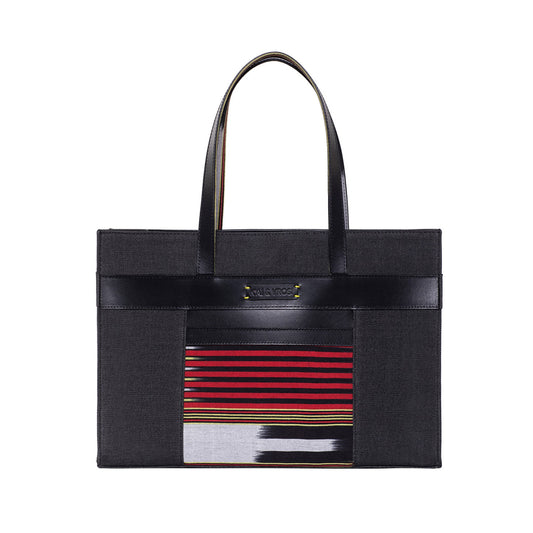 Black Leather & Canvas Tote Bag with Pockets