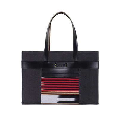 Black Leather & Canvas Tote Bag with Pockets - Fluent Trends