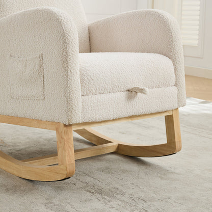 25.4'W Ivory Rocking Chair for Nursery, High Back Glider with Retractable Footrest, Boucle Upholstery, Rubber Wood Legs