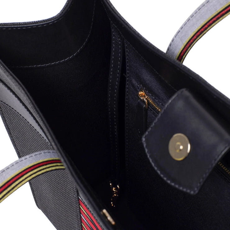 Black Leather & Canvas Tote Bag with Pockets - Fluent Trends