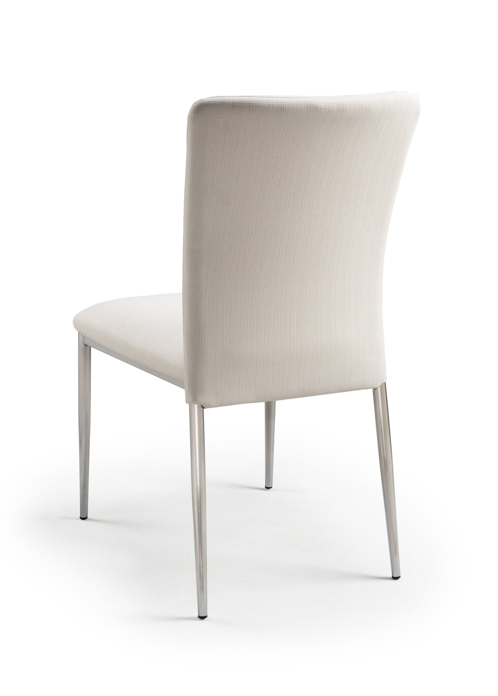 Modern beige fabric dining chair with high back and slim metal legs on white background