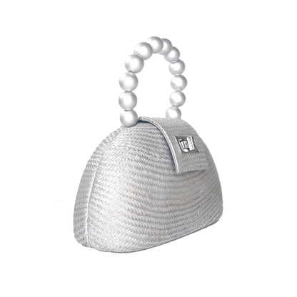 The Orla Silver Woven Straw & Wooden Bead Statement Clutch Bag