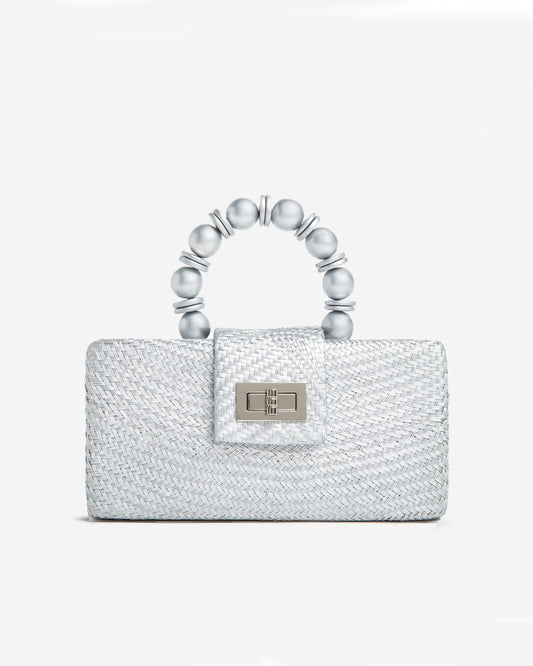 THE SERENA Silver Woven Straw Clutch Bag
