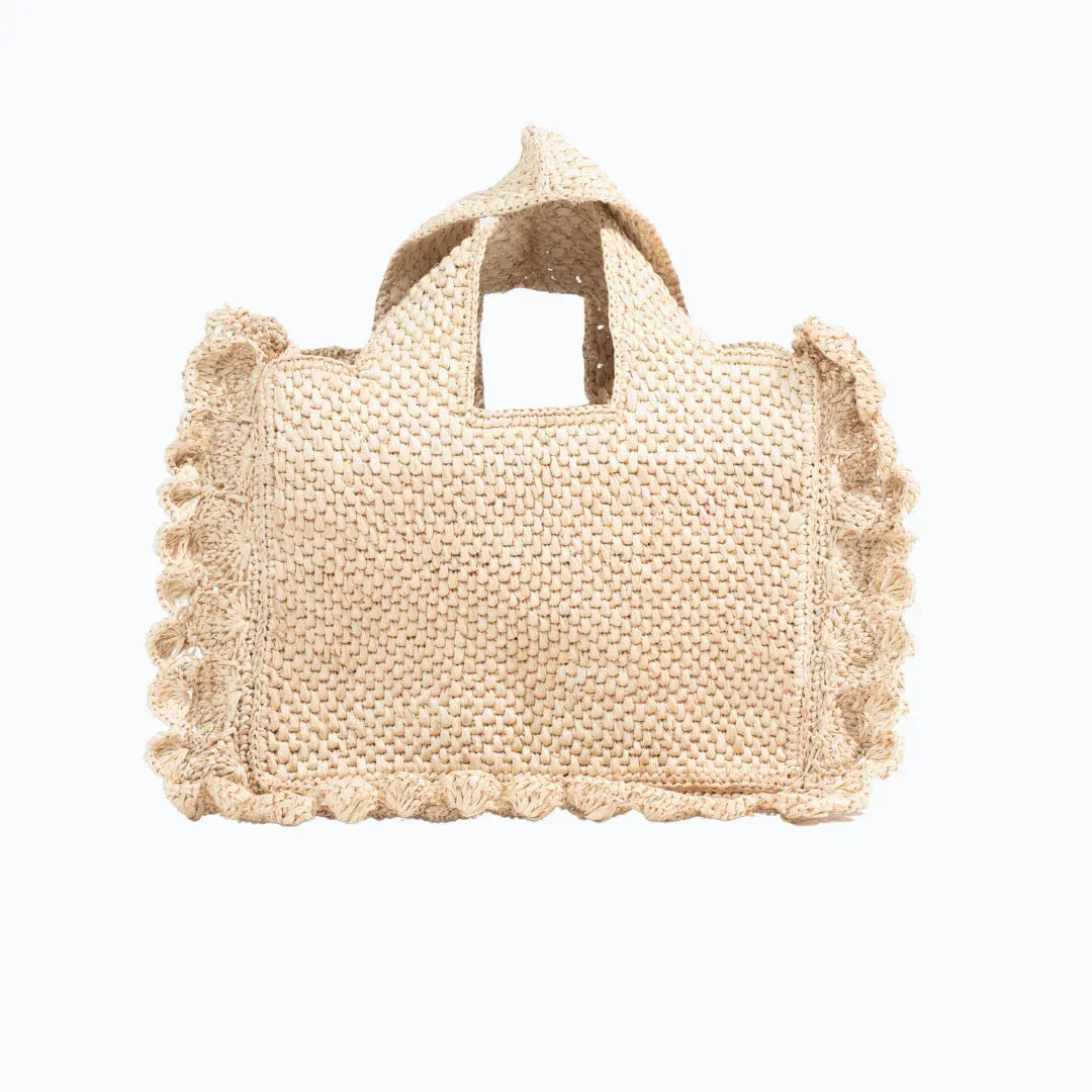 "Woven Floute Handbag with Pom-Pom Trim - Cream Crochet Tote Bag