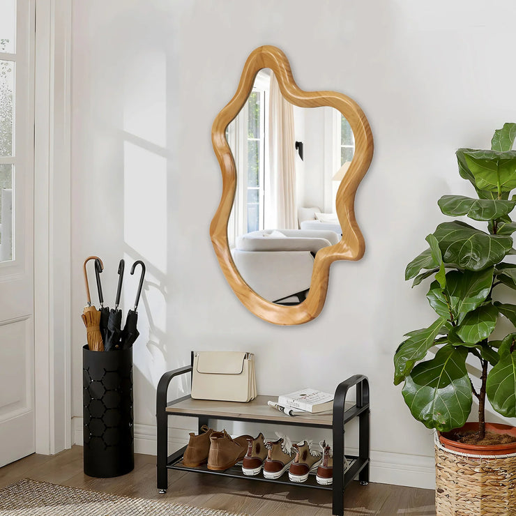 Irregular Wall Mirror with Natural Wood Frame - 33.46" x 22.24" - Fluent Trends