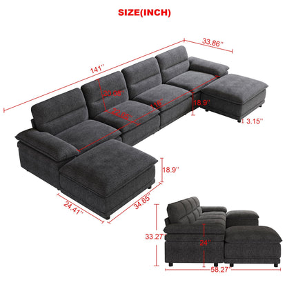 141'' Wide Modern U-shaped Sectional Sofa with high back cushion,6-seat Upholstered Dark Grey Streamdale Furniture