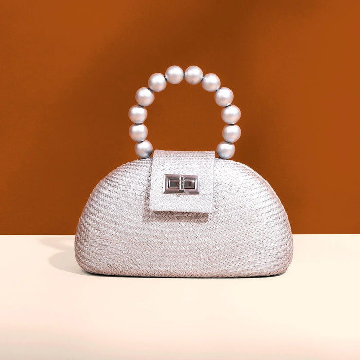 The Orla Silver Woven Straw & Wooden Bead Statement Clutch Bag - Fluent Trends