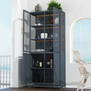 Modern Style 76.75'' Tall Steel Display Cabinet with Double Glass Doors, LED Lights, 3-Sided Glass for Collectibles - Dark Blue - Fluent Trends