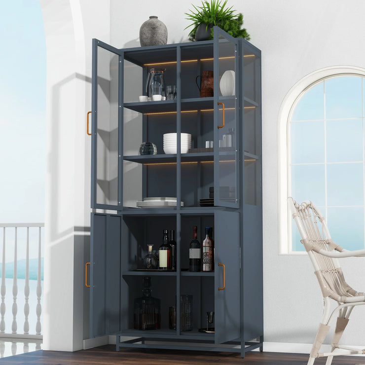 Modern Style 76.75'' Tall Steel Display Cabinet with Double Glass Doors, LED Lights, 3-Sided Glass for Collectibles - Dark Blue - Fluent Trends