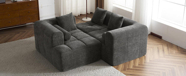 Modern Grey Modular Sectional Sofa with Deep Seating and Side Pockets in Chenille Fabric - Fluent Trends