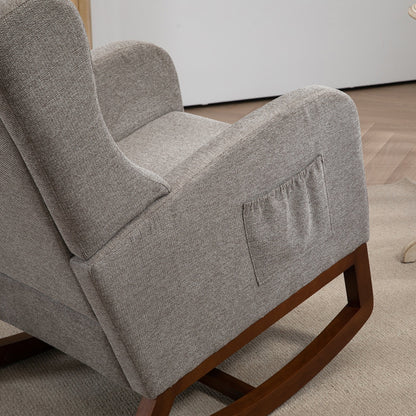 25.4'W Modern Rocking Chair for Nursery, Mid Century Accent Arm Rocker With Retractable Footrest, Side Pocket, Comfy Upholstered Wingback Wooden Glider Chair for Living Room Baby Kids Room. Taupe