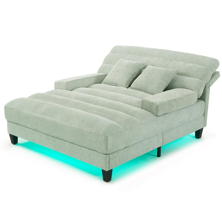Green Chenille Chaise Lounge Sofa Bed with Adjustable Back & Smart RGB LED Lights - Fluent Trends