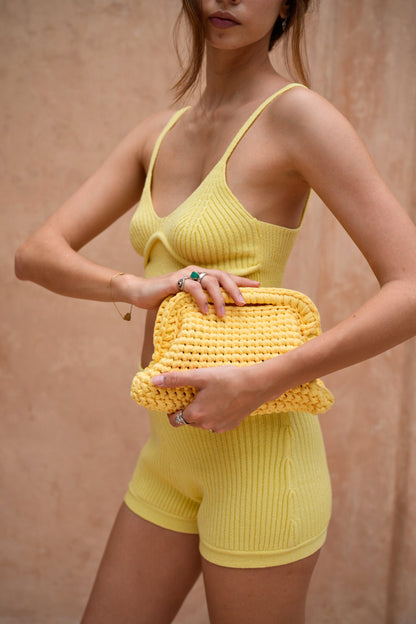 Cali Top Handle Knit Clutch in Butter Yellow