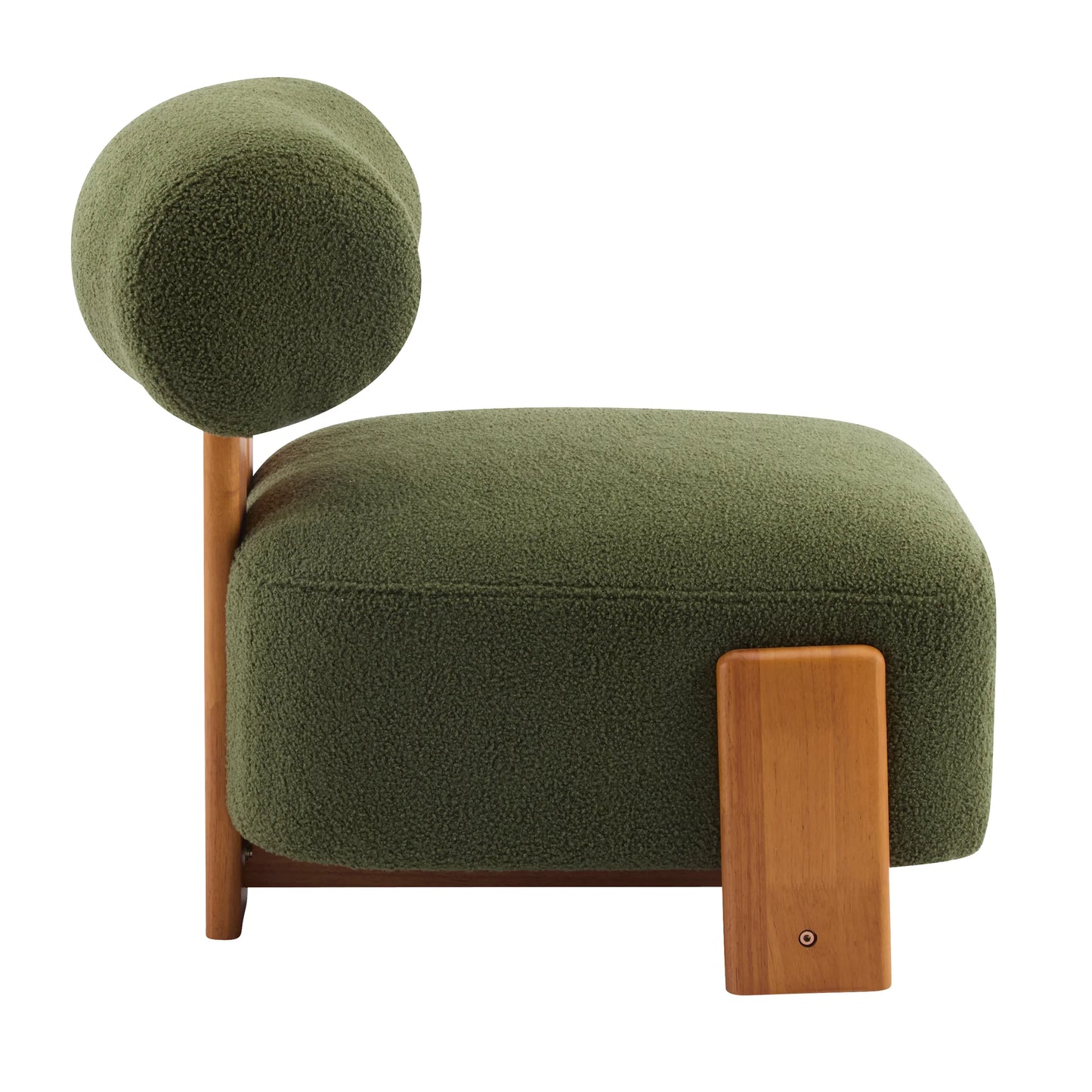Modern green upholstered lounge chair with rounded backrest and wooden accents from Fluent Trends