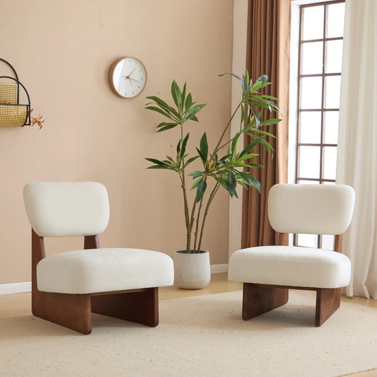 Beige Accent Chairs Set of 2 - Modern Walnut Wood Lounge Seating