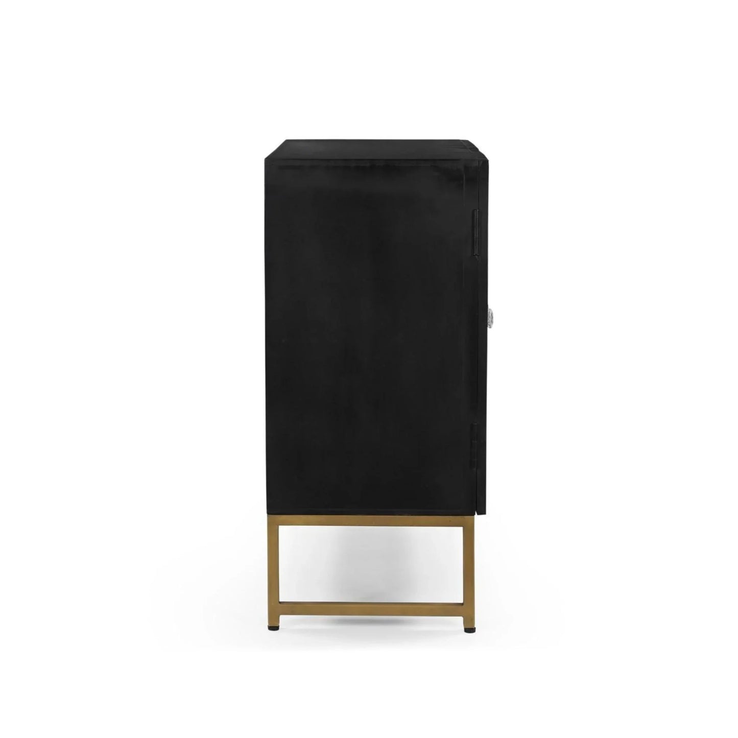 Modern black cabinet with gold metal base, side view, premium furniture at Fluent Trends