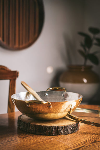 Brass Wok with Glass lid (Circular & Deep cooking/ serving Utensil) Powered by People