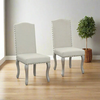 Set of Two Beige And Gray Upholstered Fabric Dining Parsons Chairs - Fluent Trends