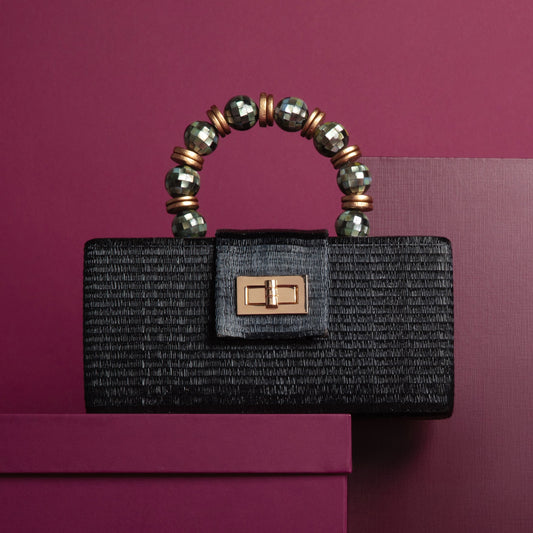 THE SERENA Black Clutch with Shell Inlay Bead Handle Powered by People