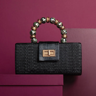 THE SERENA Black Clutch with Shell Inlay Bead Handle - Fluent Trends