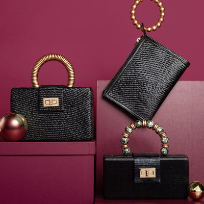 THE SERENA Black Clutch with Shell Inlay Bead Handle Powered by People