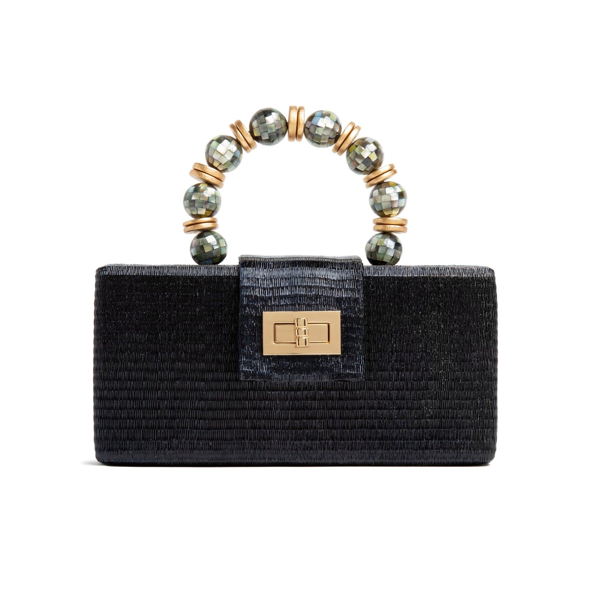 THE SERENA Black Clutch with Shell Inlay Bead Handle Powered by People