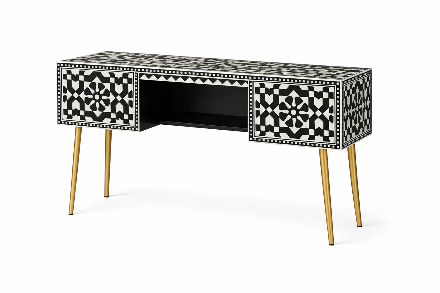 Black Bone Inlay Console Desk with Gold Legs