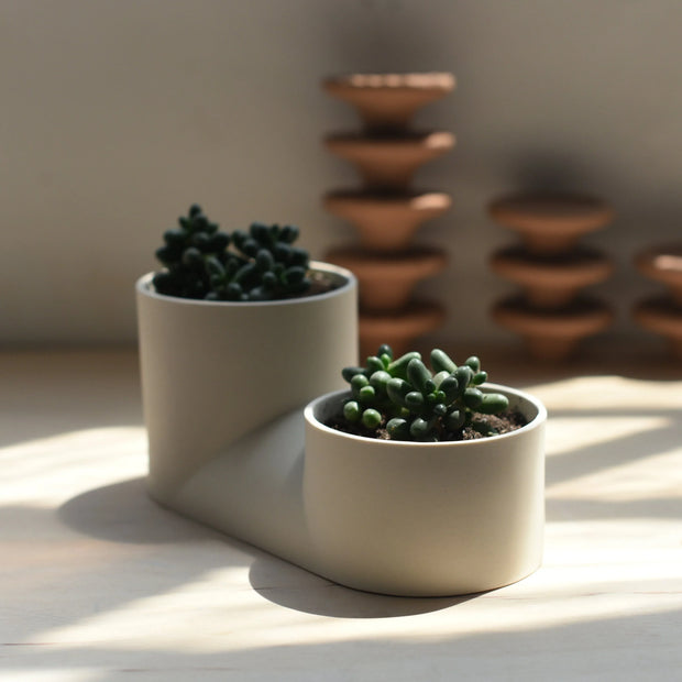 Misewell Handcrafted Ceramic Double Planter - Modern Indoor Two-Plant Pot for Succulents, Made in USA - Fluent Trends
