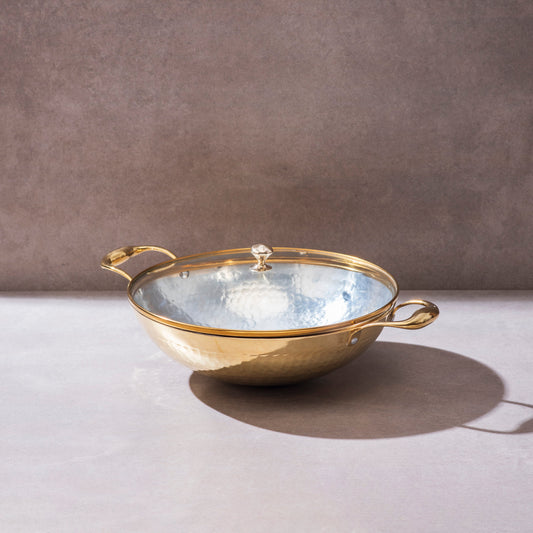 Brass Wok with Glass lid (Circular & Deep cooking/ serving Utensil) Powered by People
